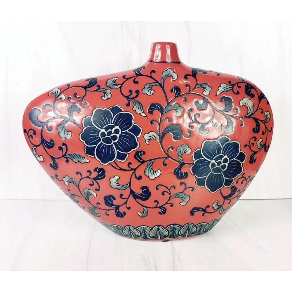 VINTAGE Lopsided Navy,  Gray & Red Floral Abstract Slim Ceramic Vase